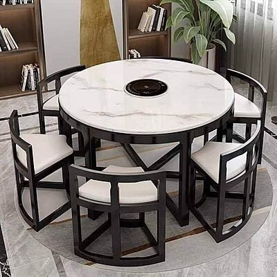 Milano Marble Top Six Seater Round Shape Dining Table Set