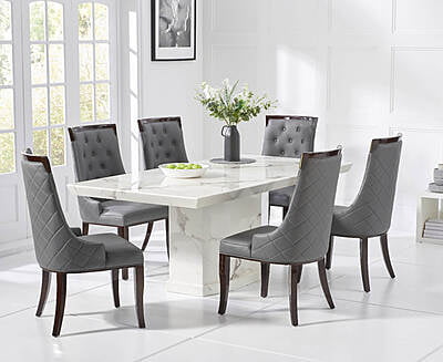 Milan 7 Piece White Modern Rectangle Dinette Dining Room Table  6 Grey Vinyl Chairs