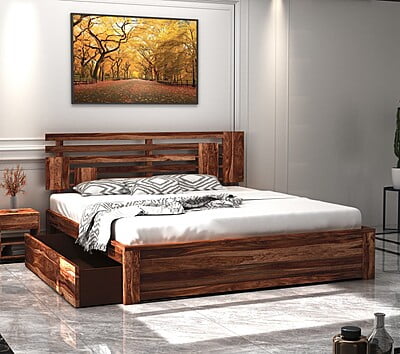 Solid sheesham wood king size bed with drawers PABSS127